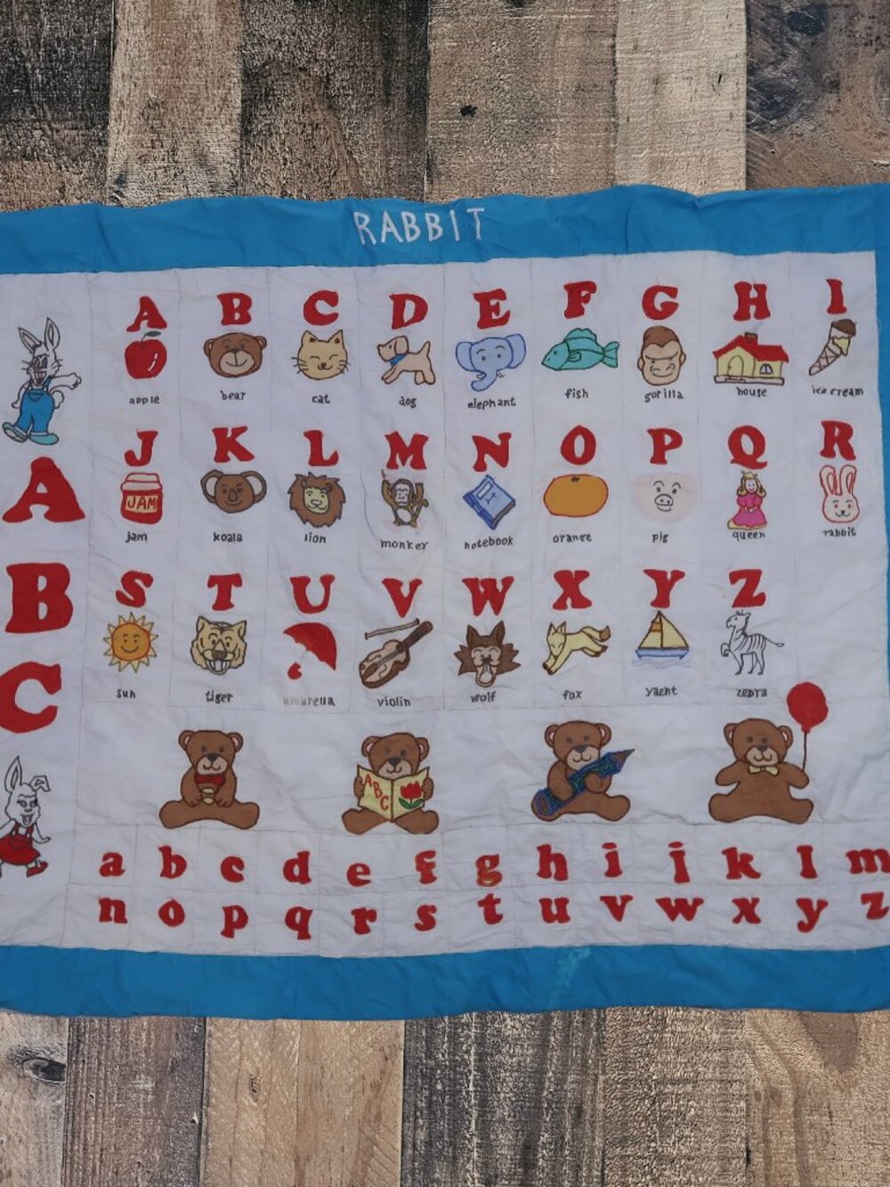 ABC Alphabet Rabbit Animal Baby Blanket Quilt Wall Hanging Child Vintage